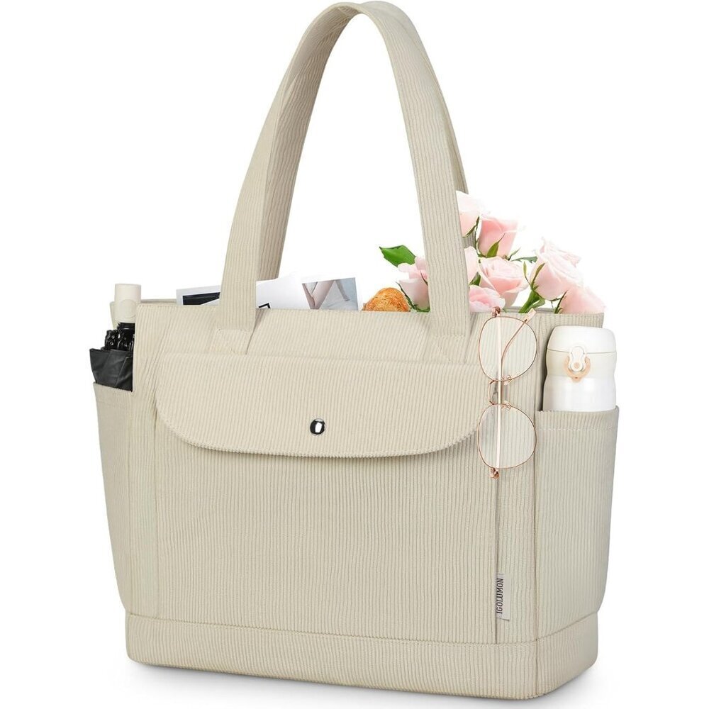 Large Corduroy Beige Tote Bag Women Lightweight Shoulder Purse Zipper Pockets